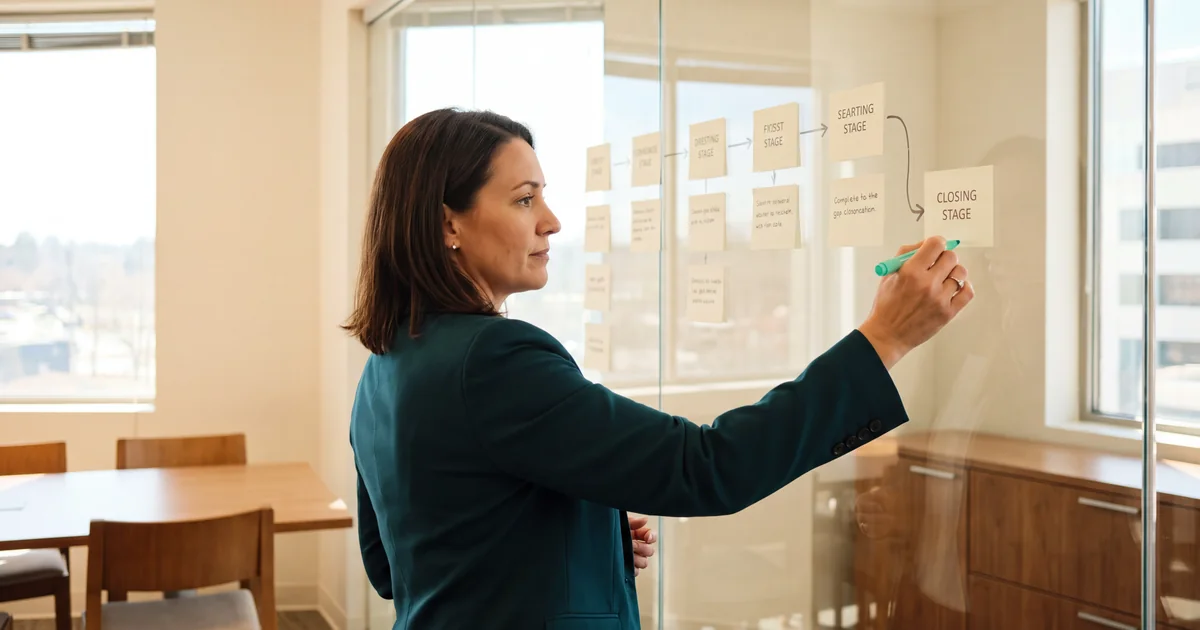 Woman mapping a care gap closure workflow with sticky notes on a glass wall