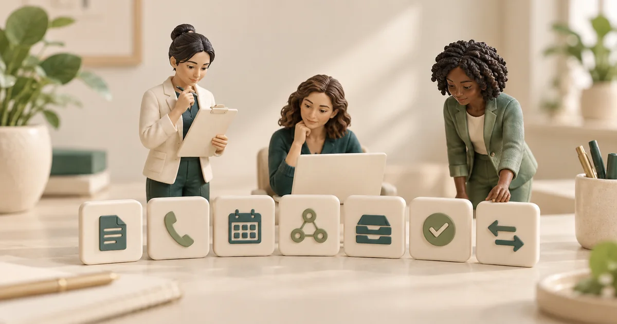 Three miniature office staff review seven unbranded workflow modules on a cream and teal tabletop.