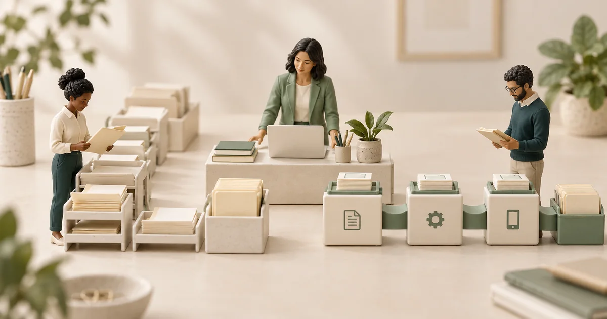 Miniature staff handle paper handoffs beside a connected workflow on a cream and teal tabletop.