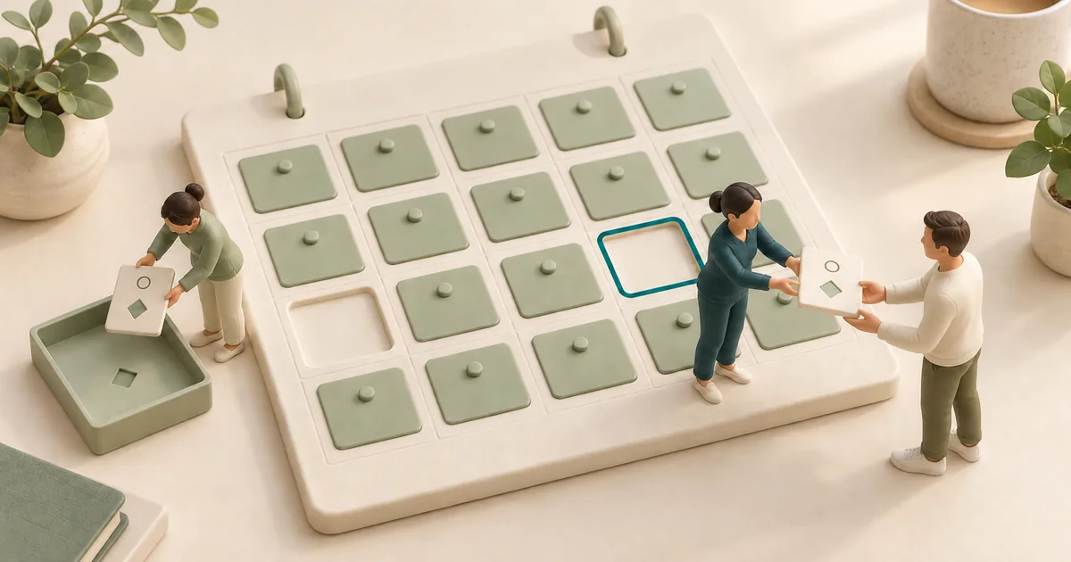 Two miniature staff at a sage calendar grid hand a slot card to a patient beside an empty slot outlined in teal
