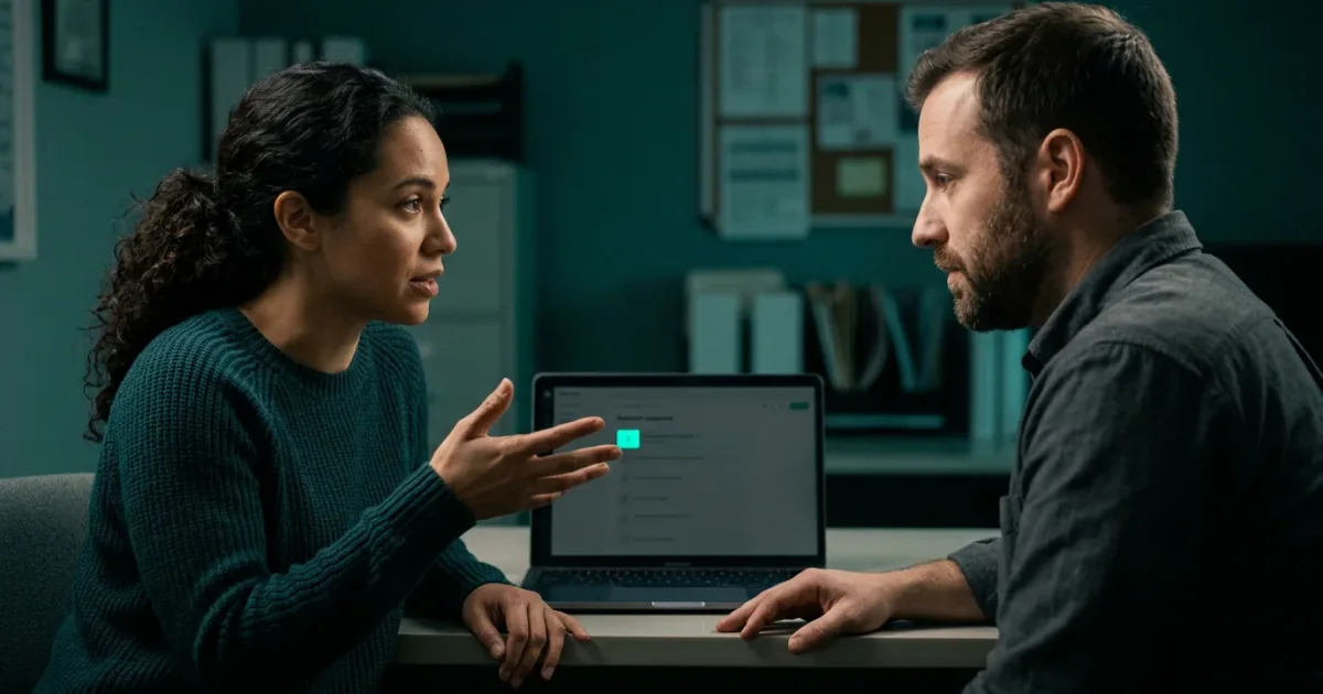 Two colleagues at a desk in a teal office, one gesturing toward a laptop checklist where a single item glows mint