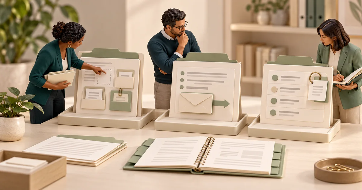 Three miniature staff compare three authorization boards: a request board, a submission envelope and a follow-up checklist