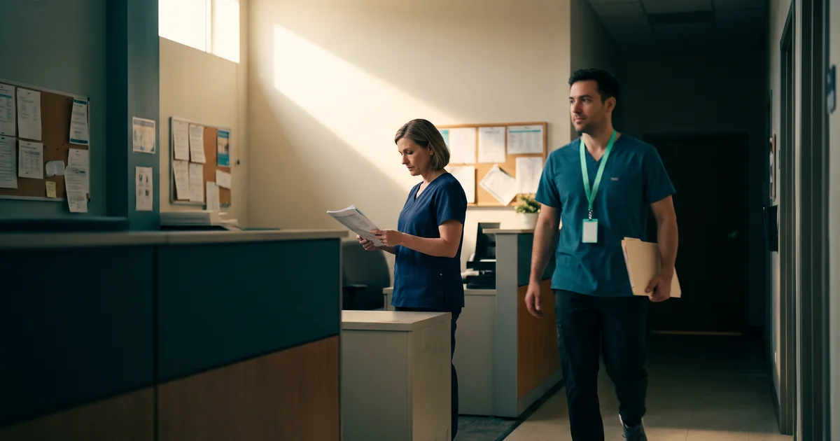 A nurse reading a printed patient list at a clinic desk while a colleague walks past carrying a manila folder