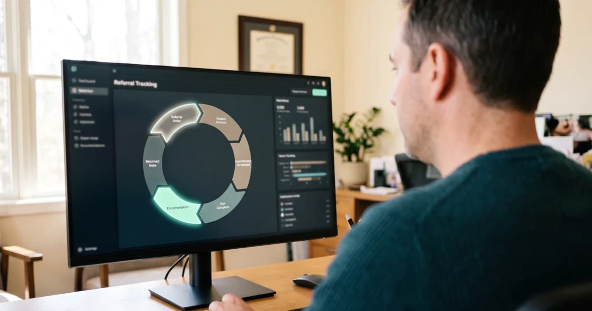 Practice administrator viewing a closed-loop referral dashboard from order through returned note
