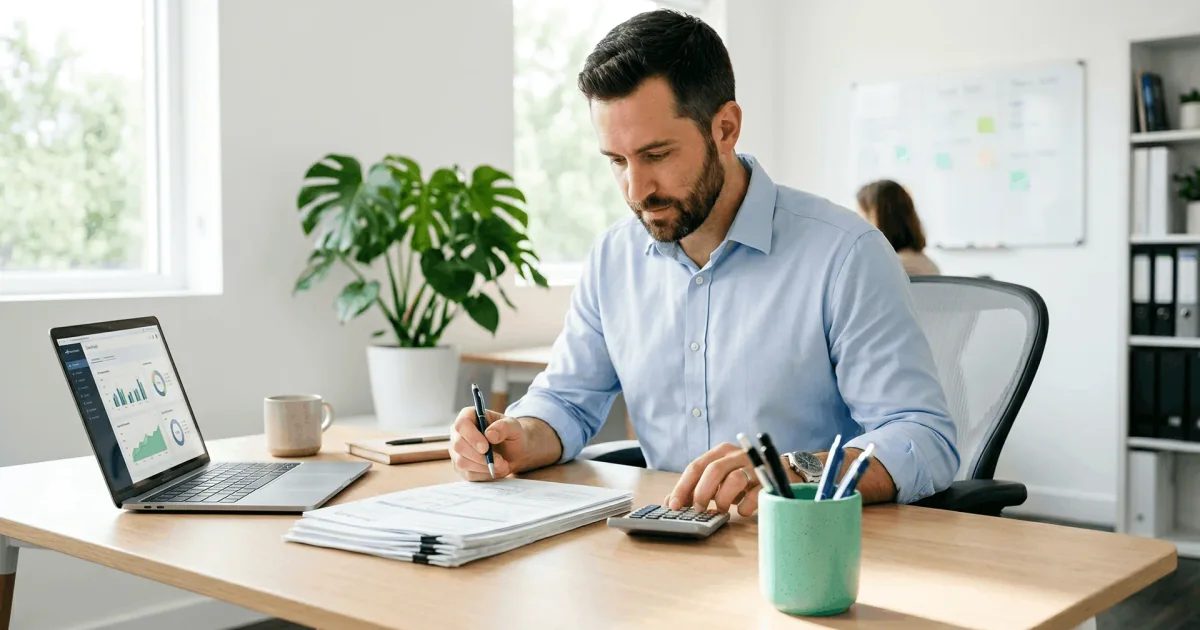 Practice finance leader reviewing prior authorization paperwork with a laptop and calculator