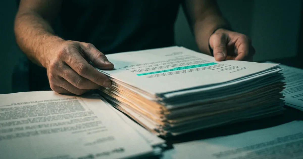 Reviewer examining a thick prior authorization file with key documentation highlighted
