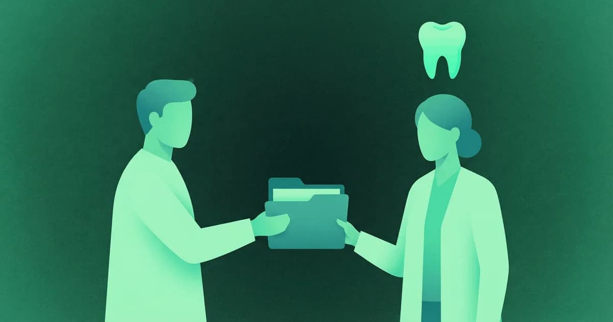 Dental referral management workflow showing coordination between general dentists and specialists with patient handoff