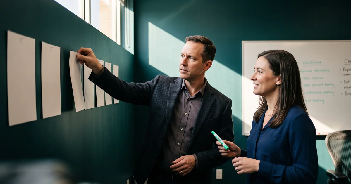 Two colleagues pin a row of process sheets to a dark green wall beside a whiteboard, one holding a mint marker