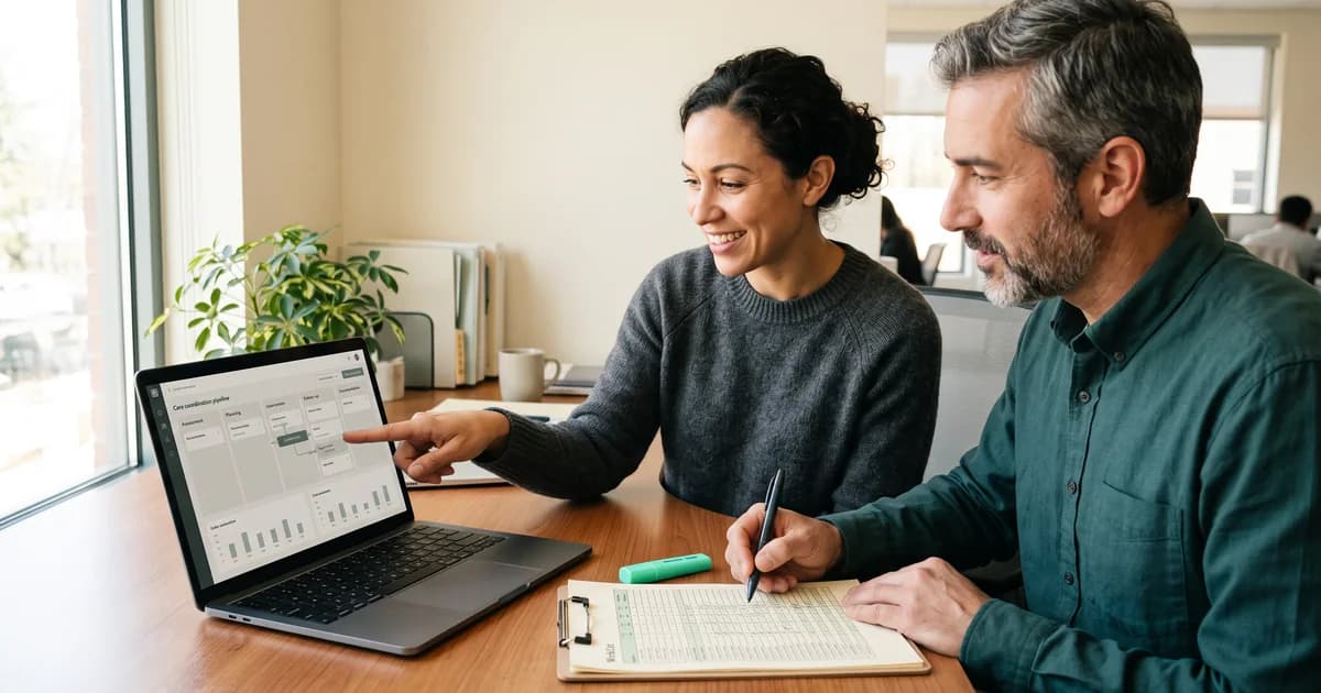 Two healthcare operations staff reviewing a care coordination dashboard and patient list