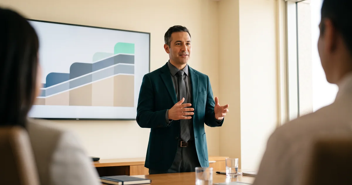 Healthcare leader presenting quality performance trends to colleagues in a conference room