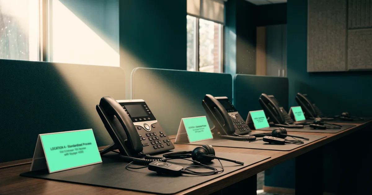 A row of desk phones with headsets on a shared desk, each beside a mint location card, in a sunlit teal office
