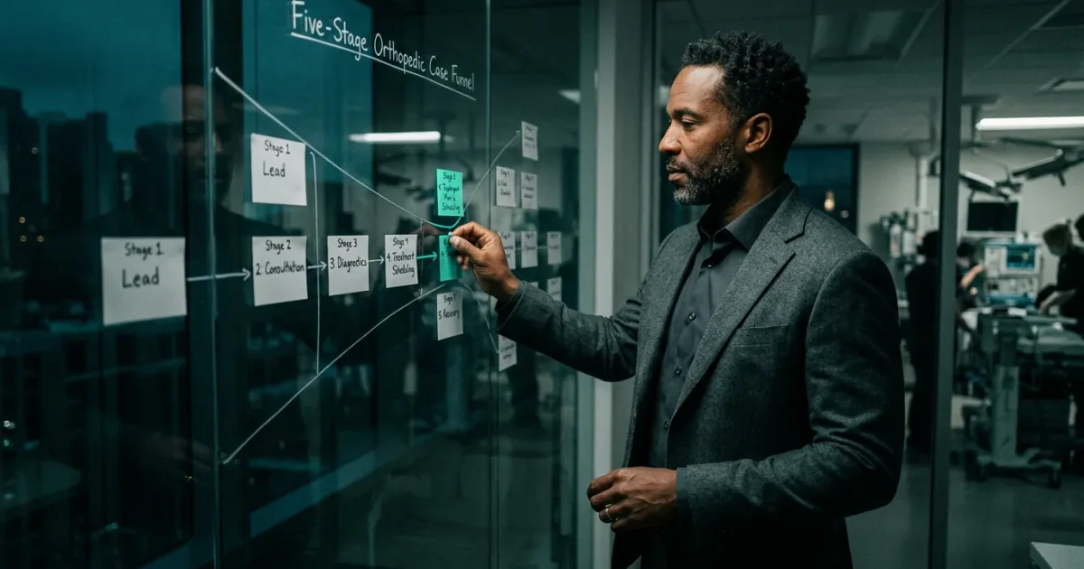 Practice leader mapping the five-stage orthopedic referral-to-surgery funnel on a glass wall