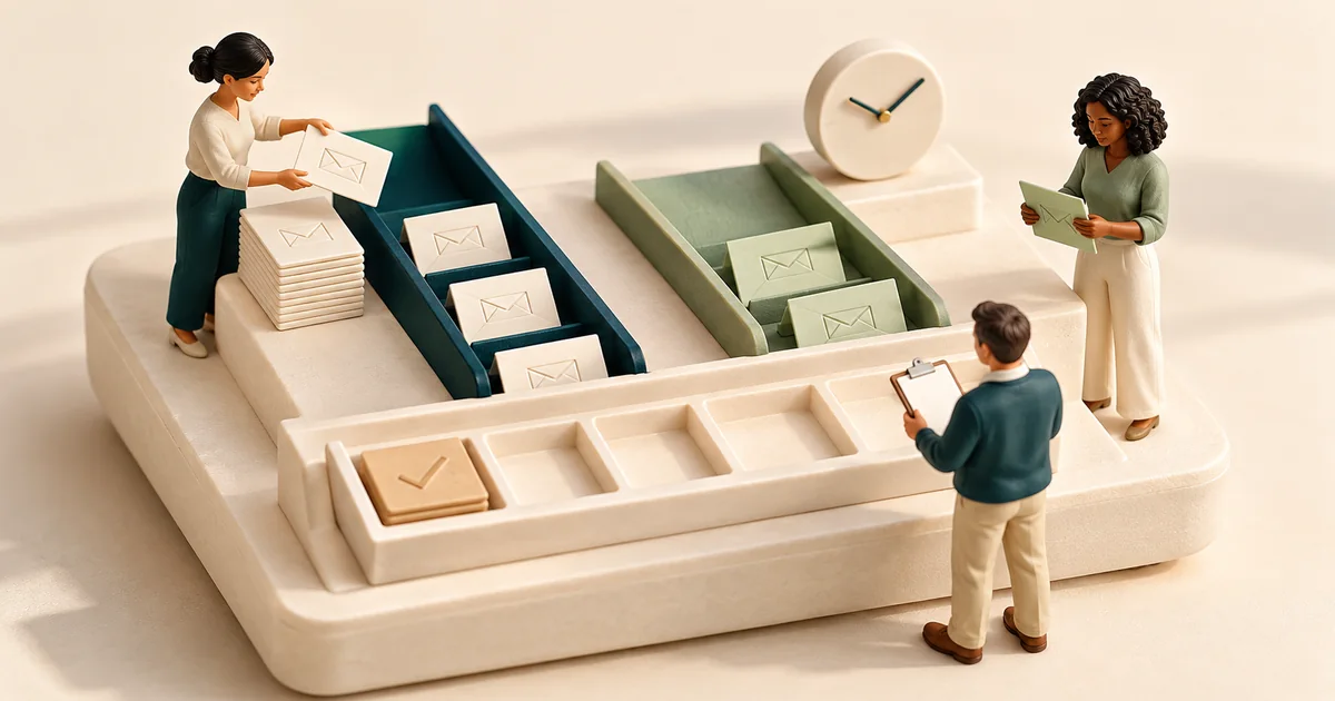 Miniature staff releasing envelopes from two trays into a row of work slots beneath a clock, one slot already checked