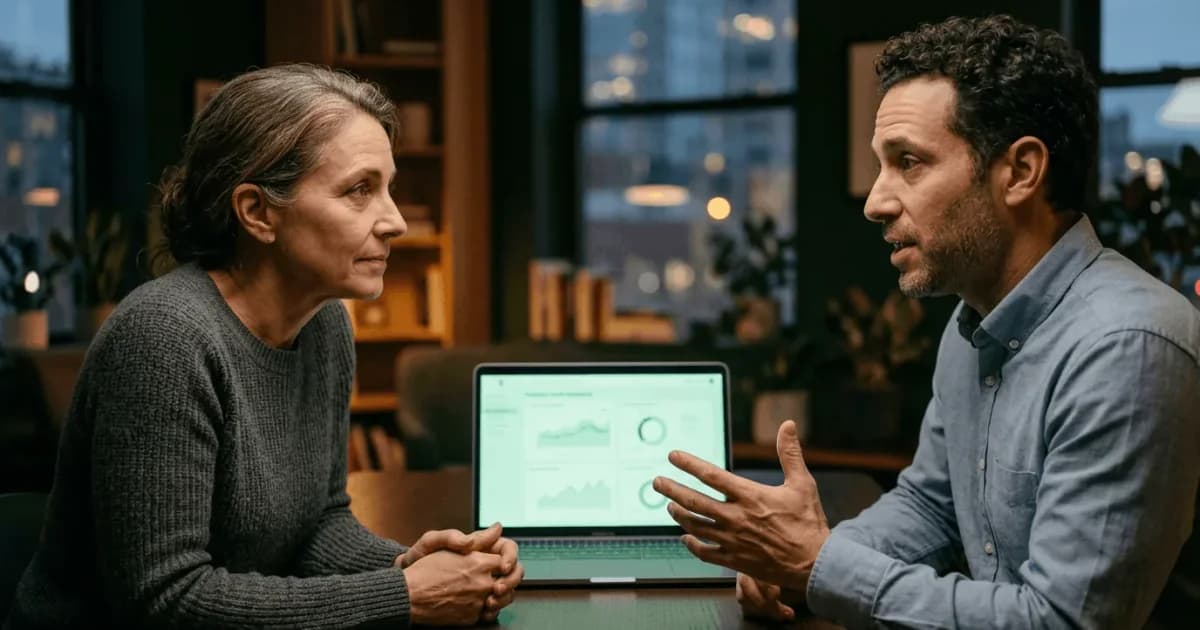 Primary care clinician walking a patient through a population health analytics dashboard during an evening office visit