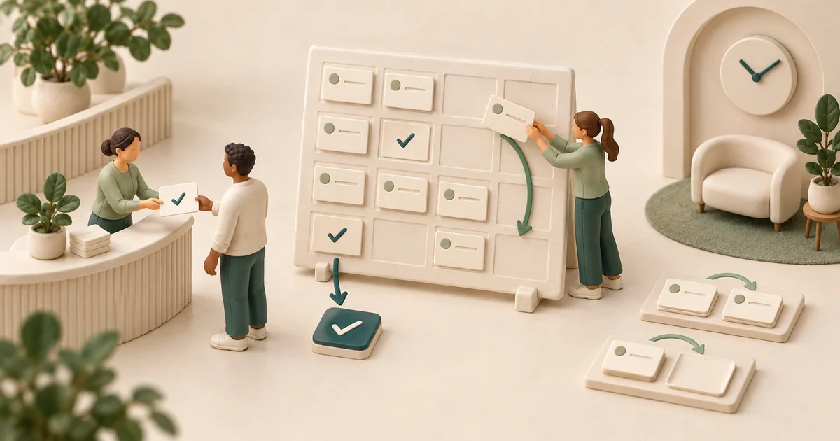 Miniature clinic staff moving appointment cards on a board with check marks and arrows beside a reception desk