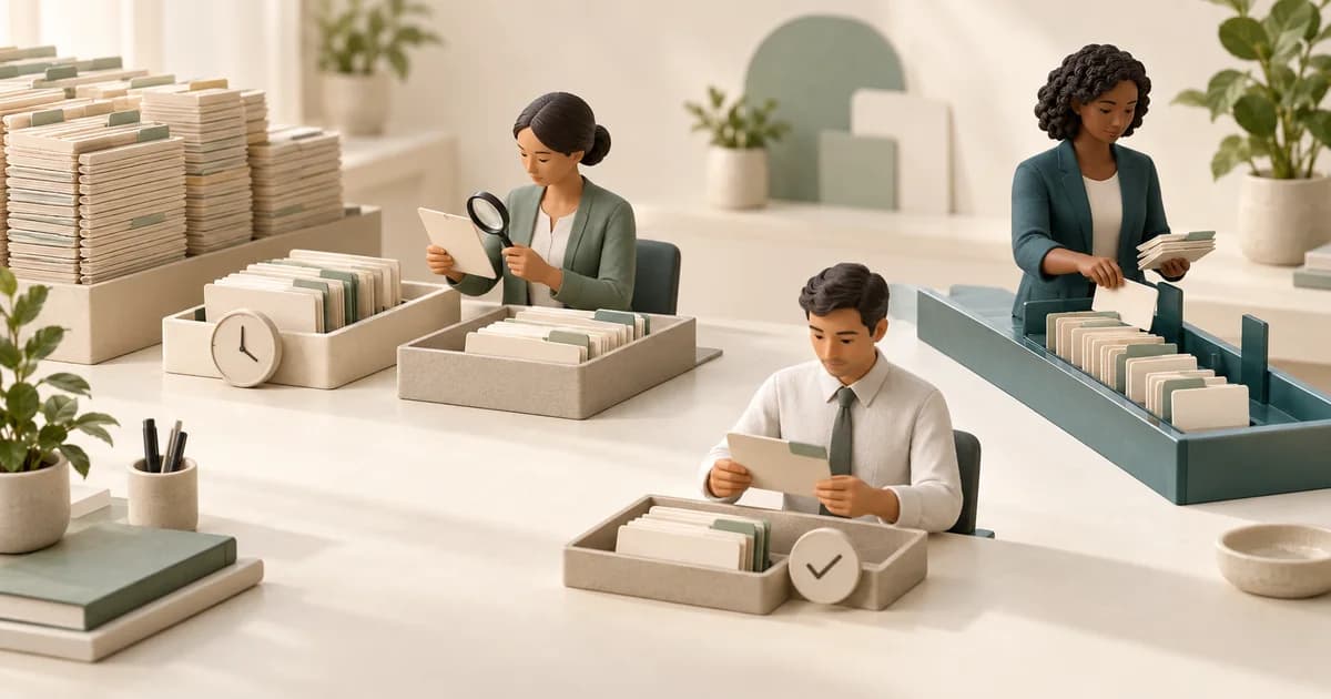 Three miniature staff sort stacked referral cards into clock and check-marked trays, one inspecting a card with a magnifier