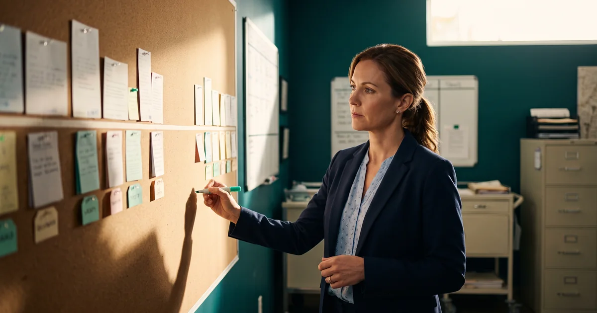 A coordinator in a navy blazer holding a green marker at a cork board covered in rows of pinned notes
