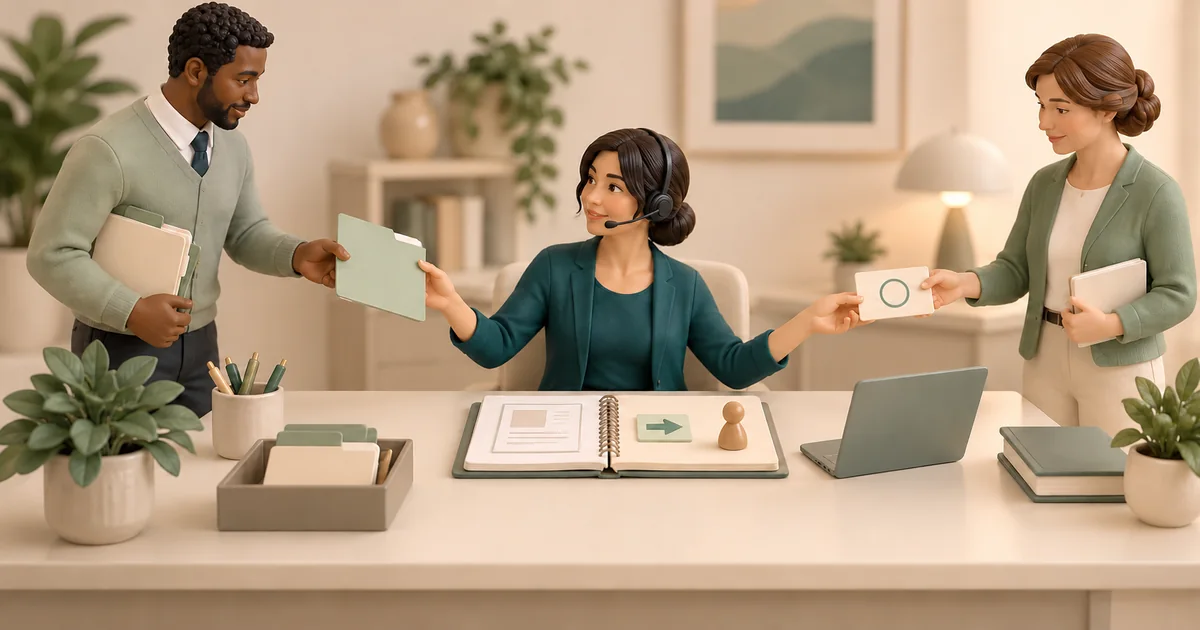 Miniature coordinator with a headset passes a folder to one colleague and receives an open follow-up card from another