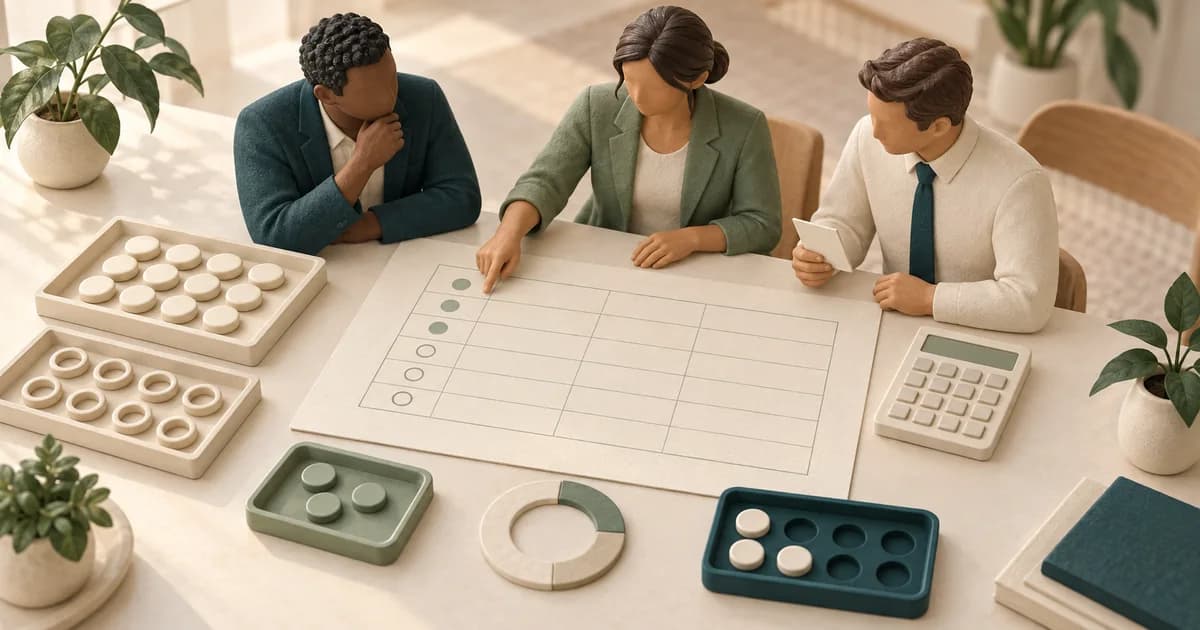 Three miniature colleagues at a table filling a blank scoring worksheet, with trays of counters, a ring chart and calculator