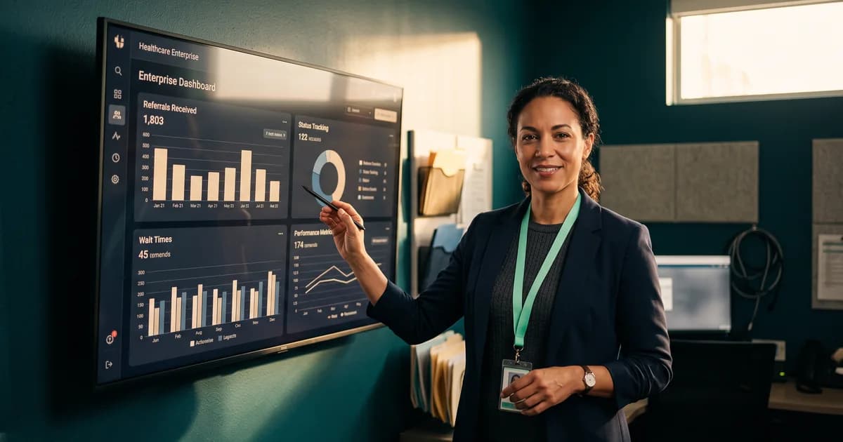 An operations manager with a mint lanyard points a pen at a wall-mounted referral dashboard of volumes and wait times