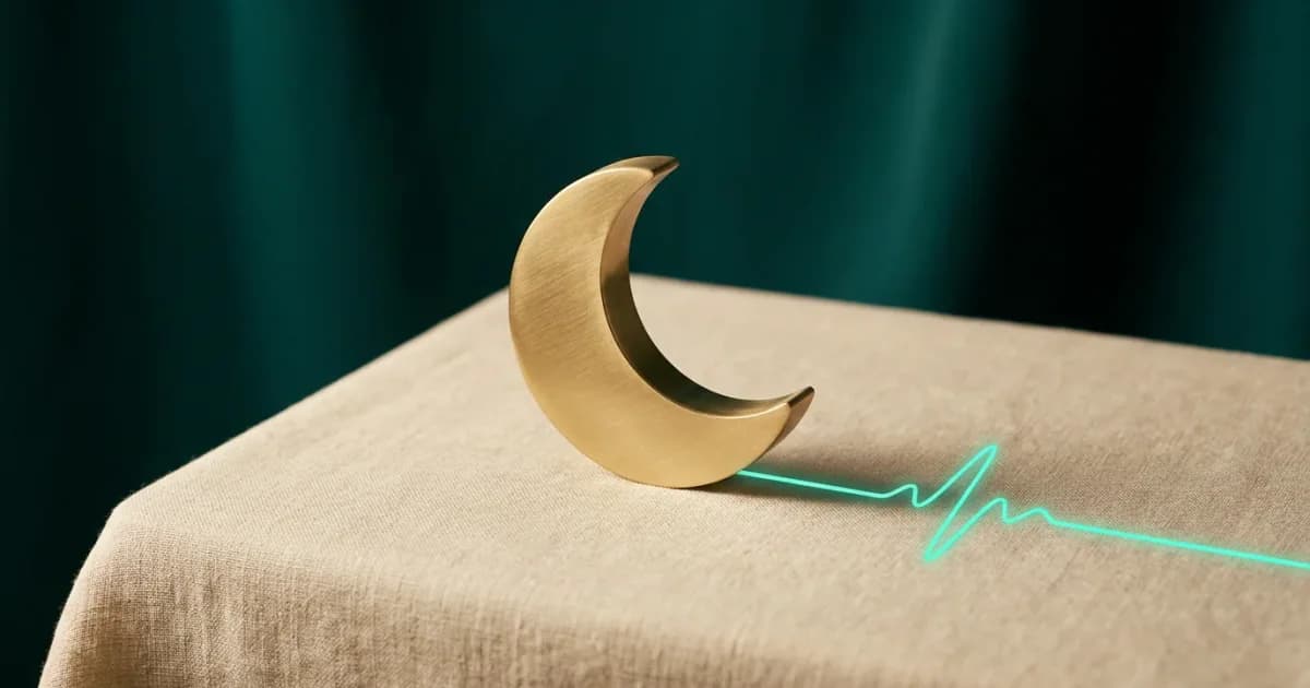Gold crescent moon and a glowing waveform representing a sleep study