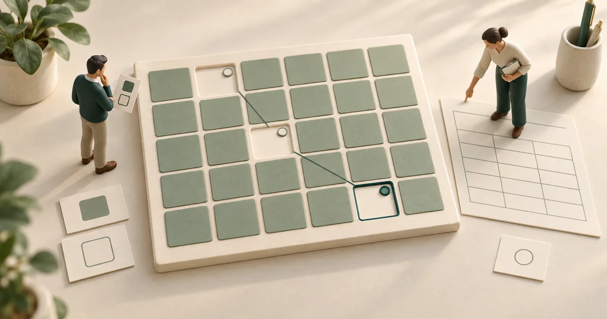 Two miniature staff at a calendar grid where three open slots are joined by a line and the third is outlined