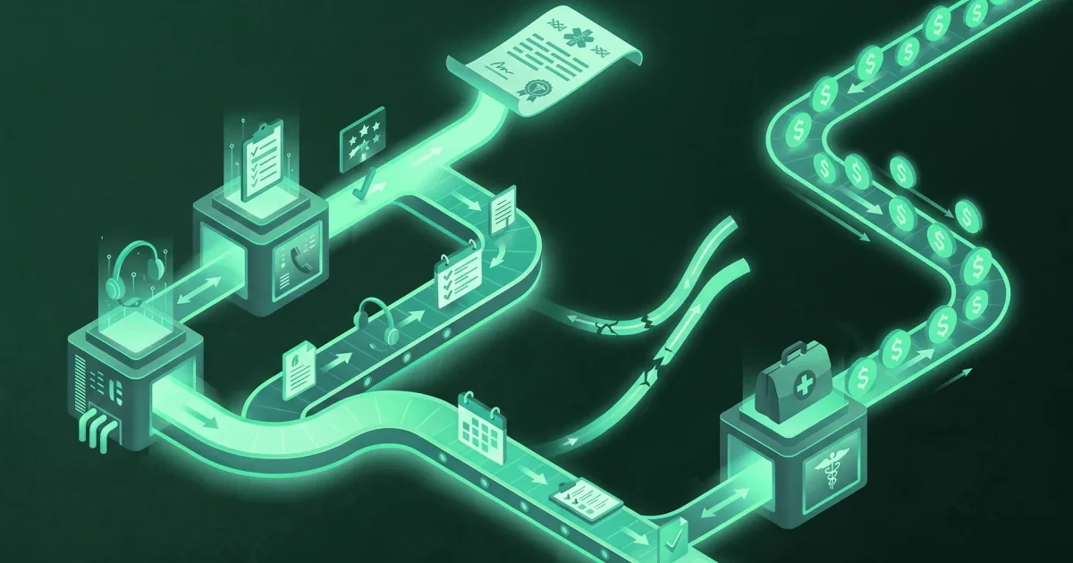 Connected referral workflow with a gap in the pathway leading toward revenue