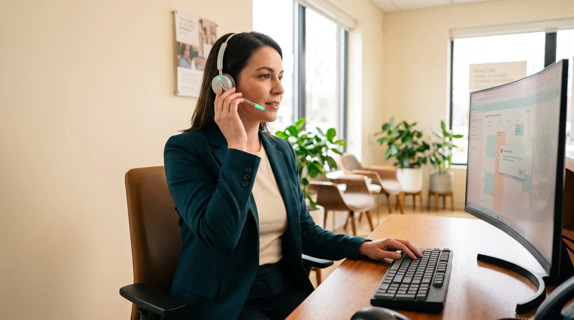 A patient access coordinator wearing a headset takes a scheduling call at a clinic front desk while reviewing an appointment calendar on screen