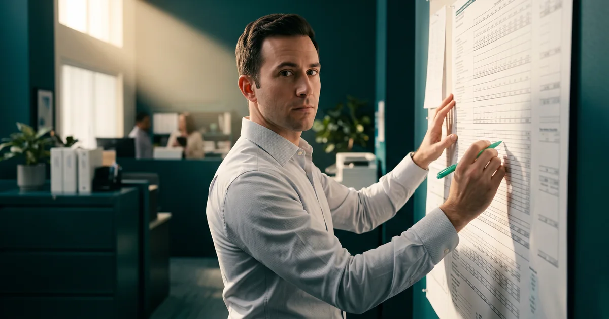 Practice manager marks up a printed cost worksheet pinned to a teal wall with a mint marker