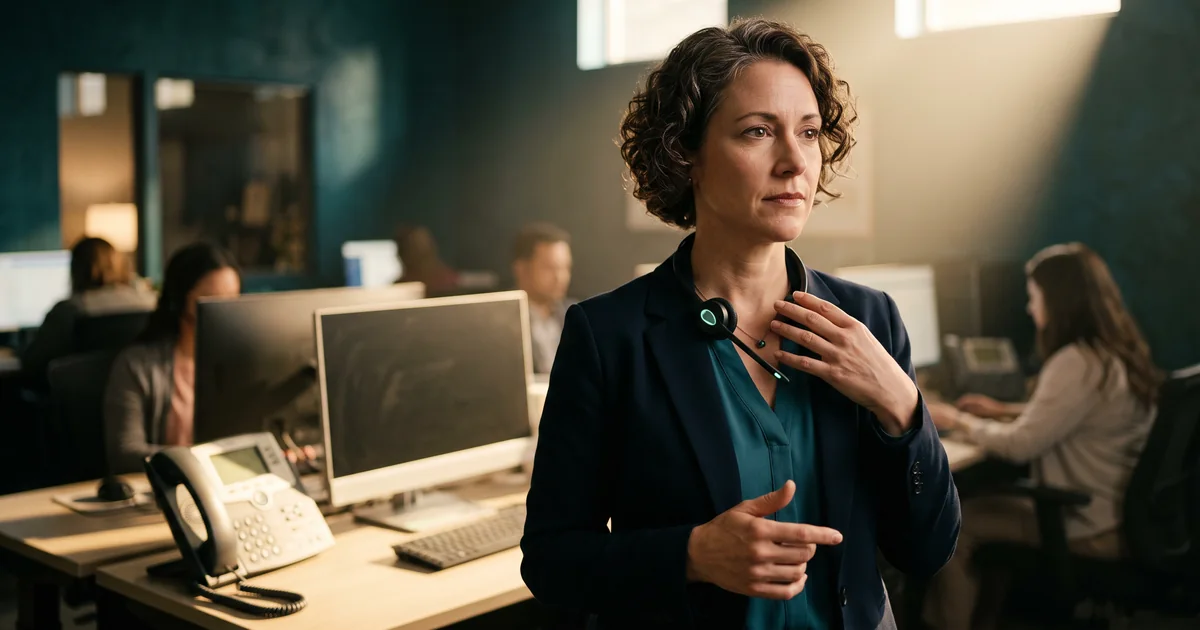 Call center manager in a navy blazer wearing a headset stands between desk phones and monitors as colleagues take calls