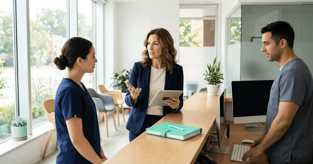 Patient access manager holding a tablet and leading a front-desk huddle with clinic staff