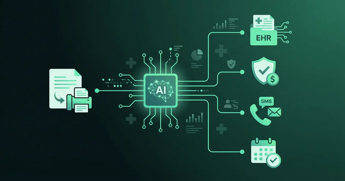 AI-powered referral automation workflow showing inbound and outbound coordination with EHR integration