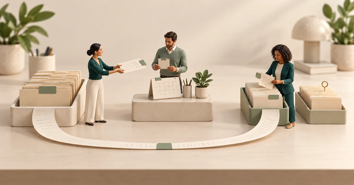 Three miniature staff follow a looped referral path from a folder tray past a calendar to a tray of returned reports