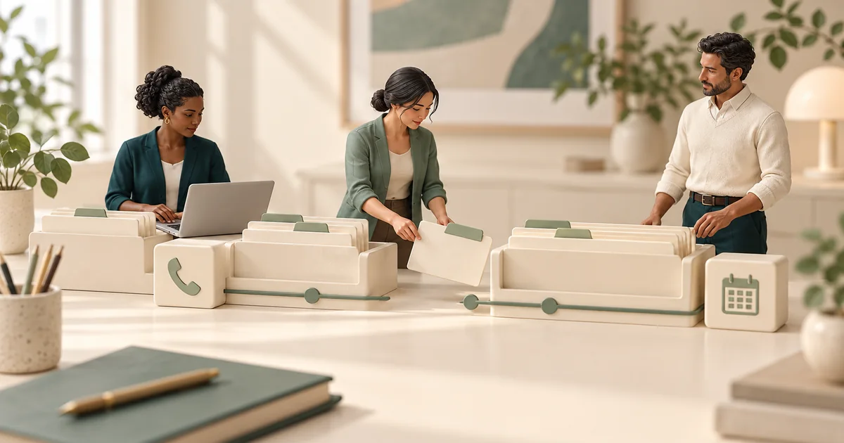 Miniature office coordinators trace a referral card between cream document trays, phone and calendar tiles