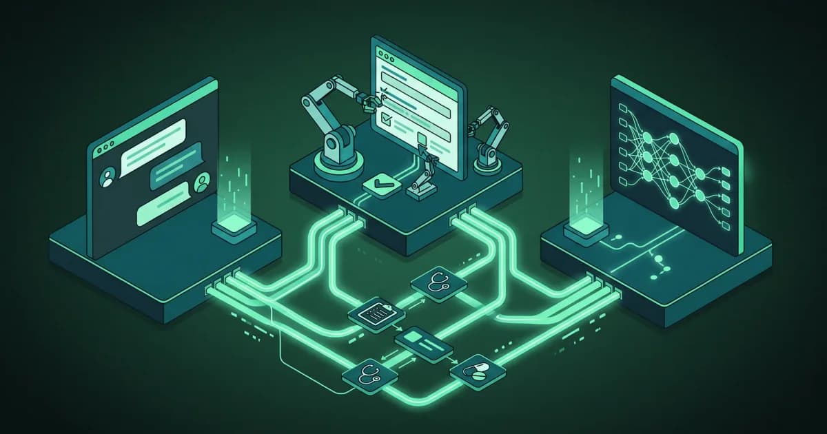 AI Agents vs Chatbots vs RPA in Healthcare Connected chatbot, robotic process automation and AI agent workstations