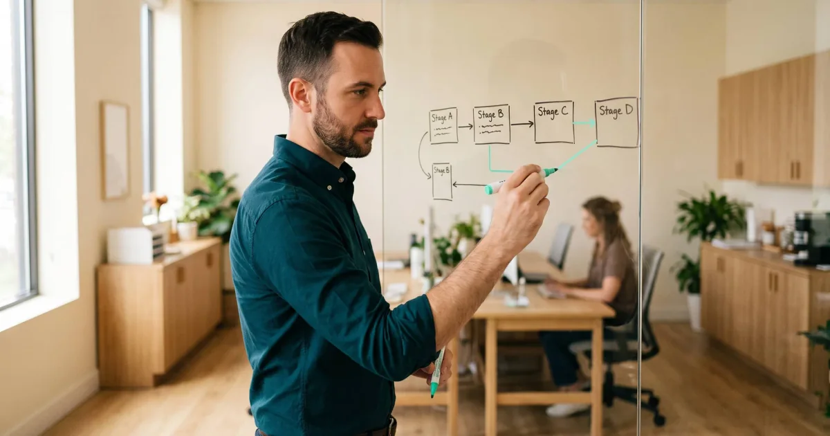 Specialty Referral Scheduling: Connect Intake, Matching, and Prior Authorization Operations lead mapping referral stages and an exception loop on a glass whiteboard