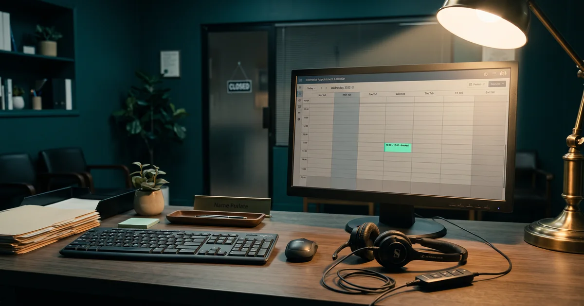 A closed office desk with one booked calendar slot on screen A closed after-hours front desk with a headset beside a monitor showing an appointment calendar with one booked slot