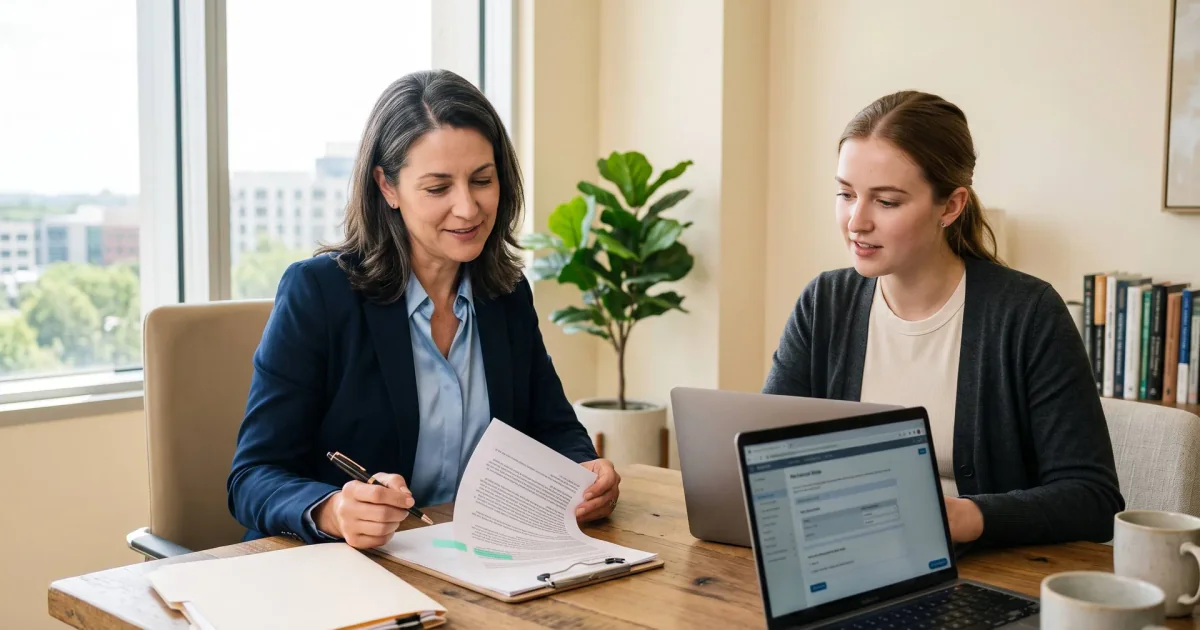 How to Automate Prior Authorization Appeals Two colleagues reviewing prior authorization appeal paperwork alongside laptops