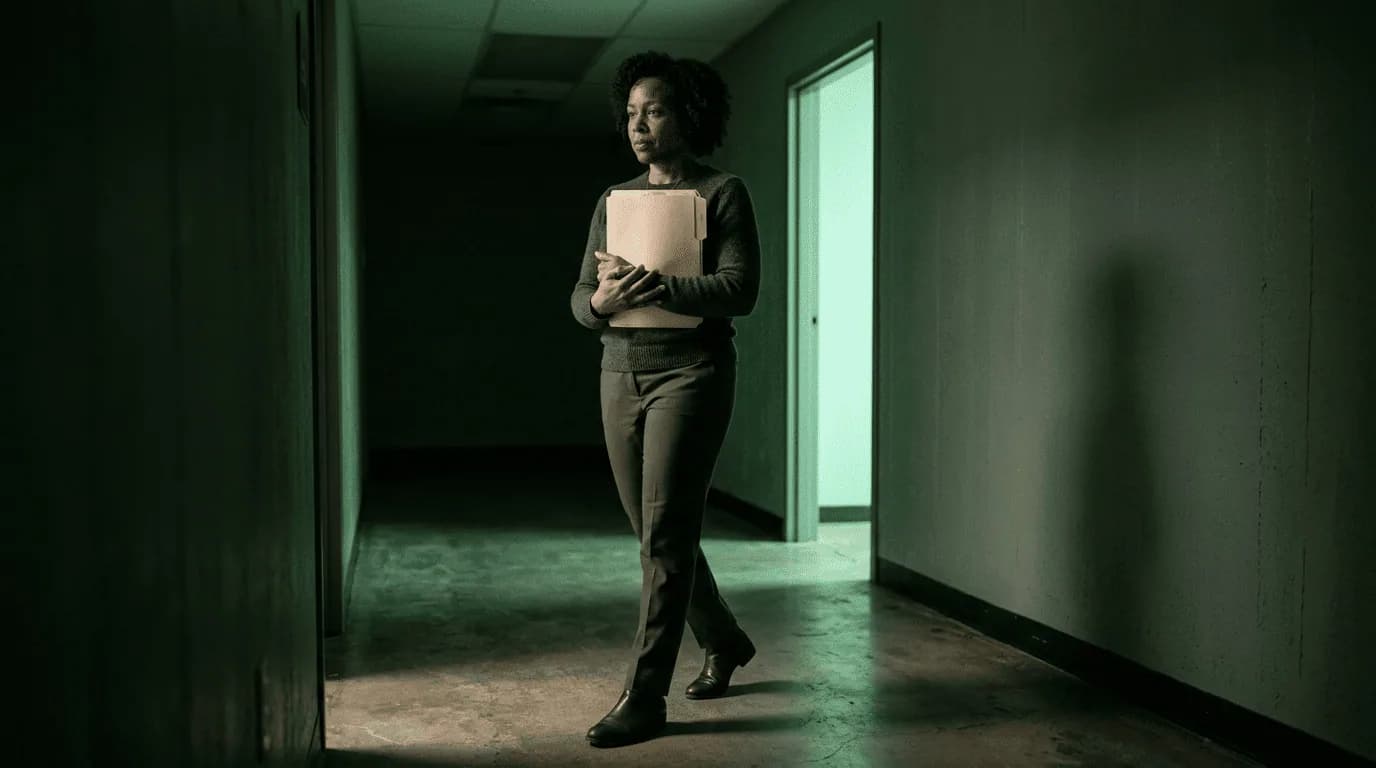 Behavioral health prior authorization in 2026 Behavioral health operational leader carrying a patient file down a dim clinic corridor toward the light