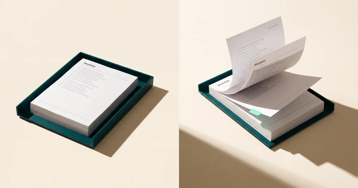 One worklist, closed and in use Split view of a green tray holding a printed worklist pad, closed on the left and fanned open on the right with a mint tab
