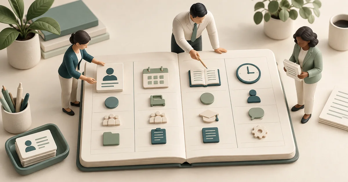 Referral coordinator replacement-event ledger Three miniature staff reviewing an open ledger of phase icons: calendar, training cap, clock, folder and clipboard