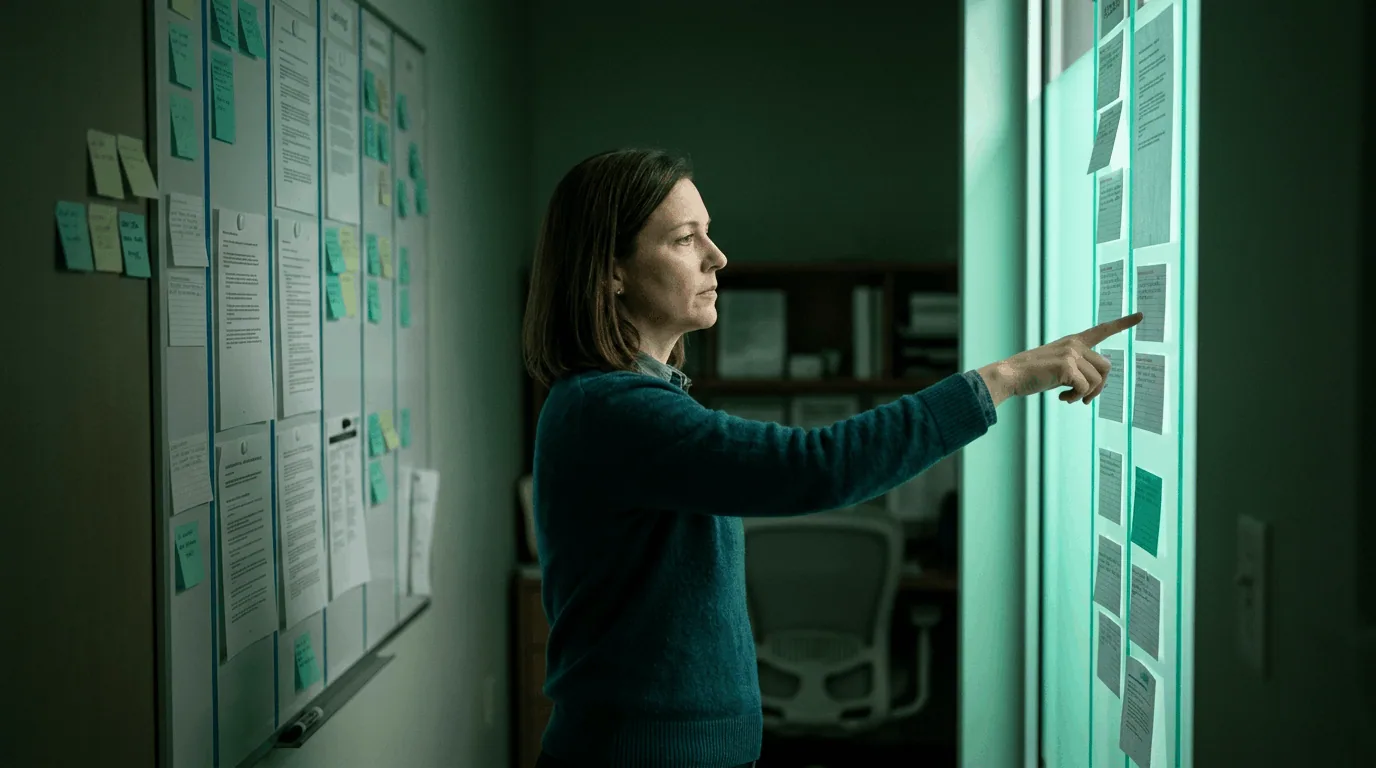 CMS Prior Authorization Rule 2026: Compliance Checklist Compliance lead in a teal sweater mapping CMS-0057-F regulatory text against a glowing illuminated panel and a policy wall covered in sticky notes, representing the cross-walk between the rule's requirements and a payer-by-payer compliance plan