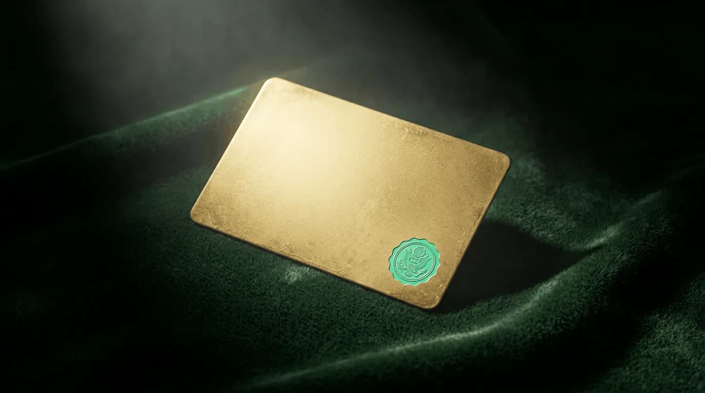 Gold Carding for Prior Authorization: How It Works Polished gold metal card with a green wax-style seal resting on dark green velvet under dramatic light, evoking the gold-card credential awarded to providers with consistently high prior authorization approval rates