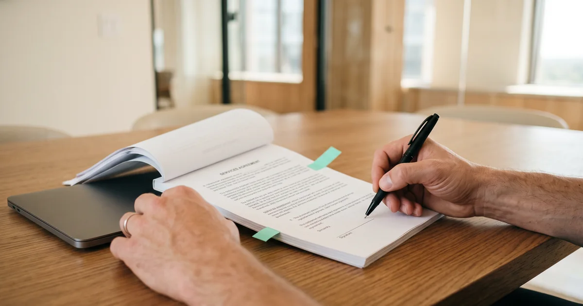 Reviewing an AI vendor business associate agreement Contract reviewer signing an agreement beside a laptop on a conference table