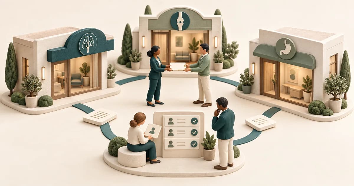 Specialty referral network built on office-to-office handoffs Three miniature clinics linked by teal paths, two staff handing over a referral document beside a checked handoff board