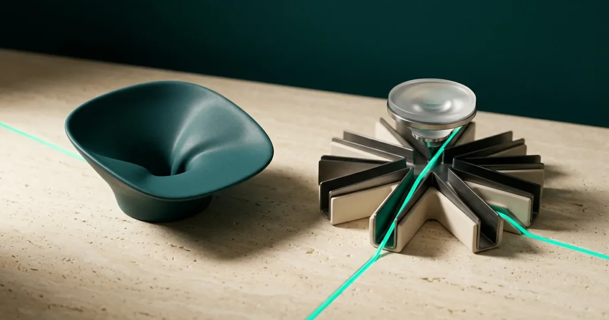 Two directions meeting at one hub A dark teal curved dish beside a radial hub of metal channels on travertine, with mint light lines through the channels