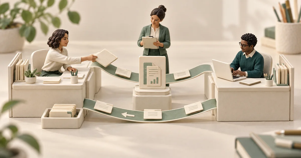 Bidirectional referral records between staffed workstations Referral records connect miniature staffed workstations in both directions on a cream and teal tabletop.
