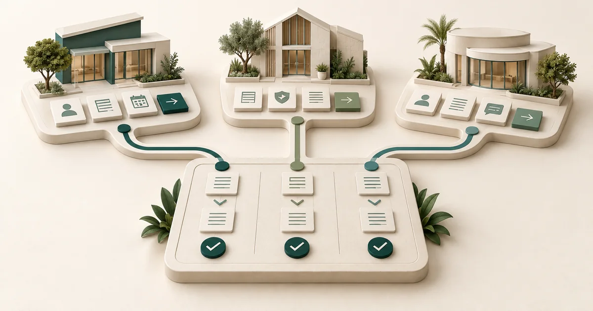 Referral automation tested across multiple clinic sites Three distinct clinic models with their own task tiles connect by teal paths to one shared board of checked columns