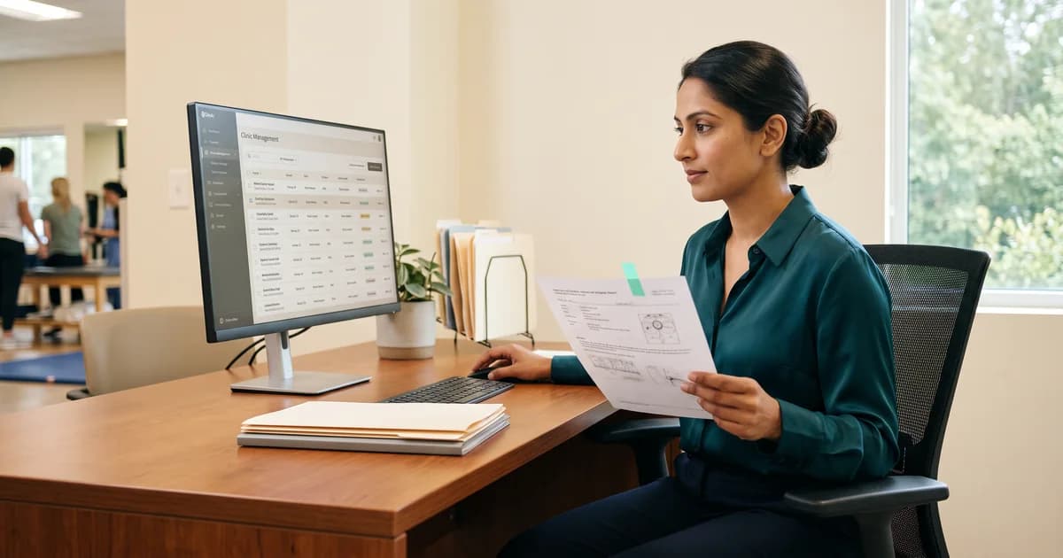 Neurology referral queue review A clinic scheduler reviews a neurology referral queue on a desktop monitor while holding a printed MRI report