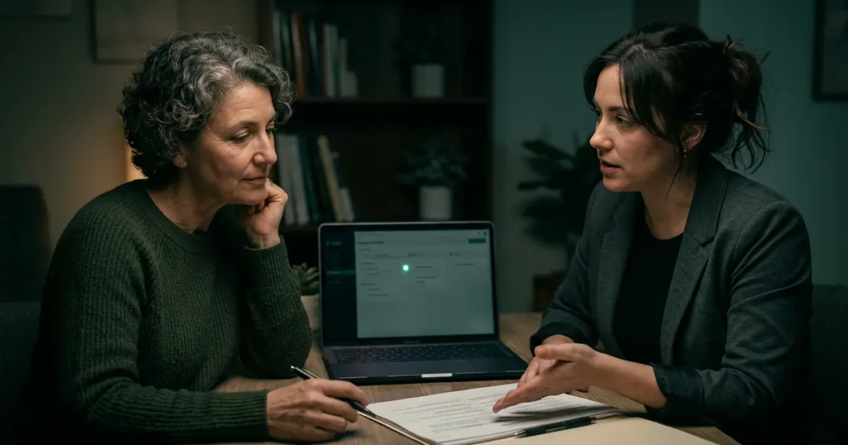 Oncology Referral and Authorization Coordination Two colleagues reviewing oncology referral paperwork beside a laptop